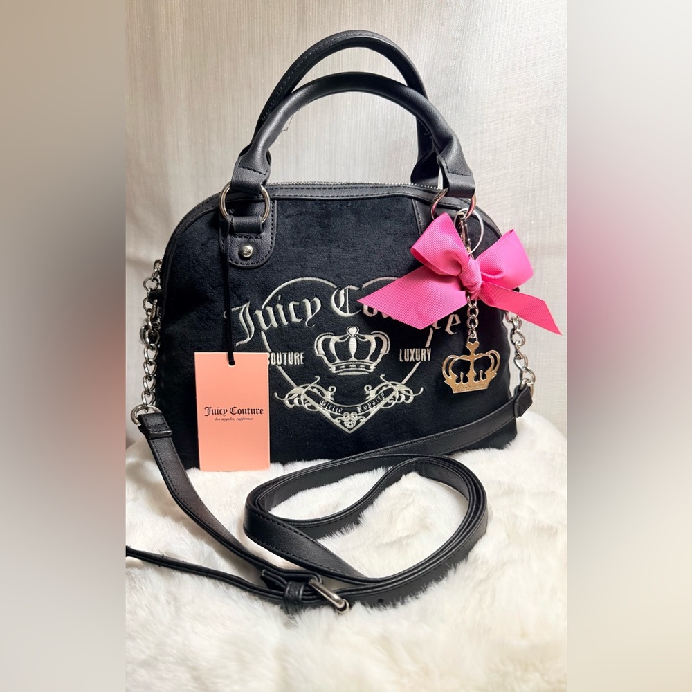 NEW Juicy Couture Black Velour Girlie Royalty Satchel